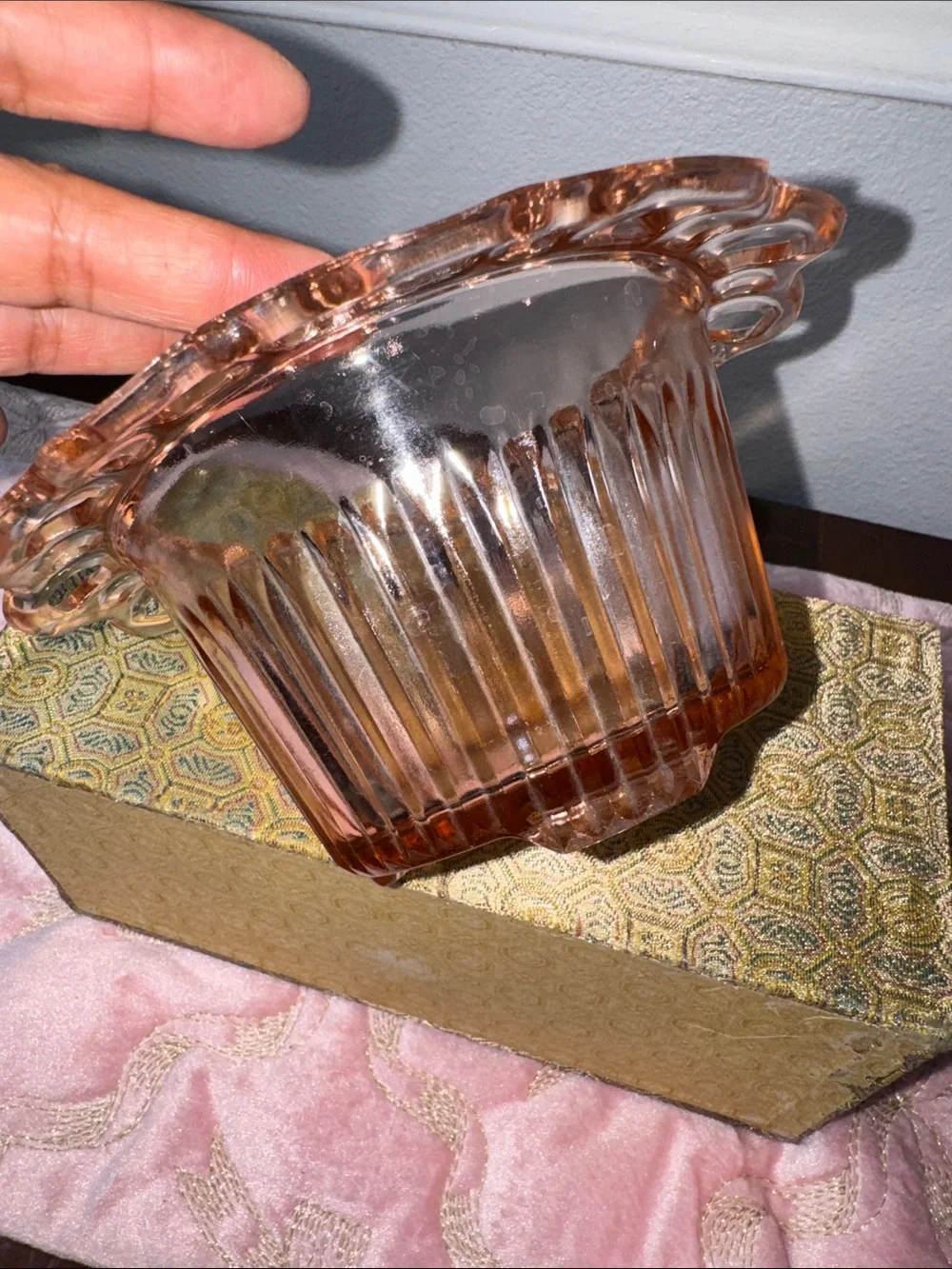 Vintage old colony flower Pink Depression Glass Bowl with Scalloped Rim